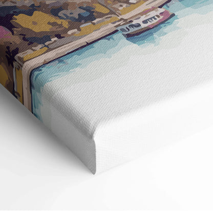 Textured coastal boats canvas in warm earth tones, white gallery frame