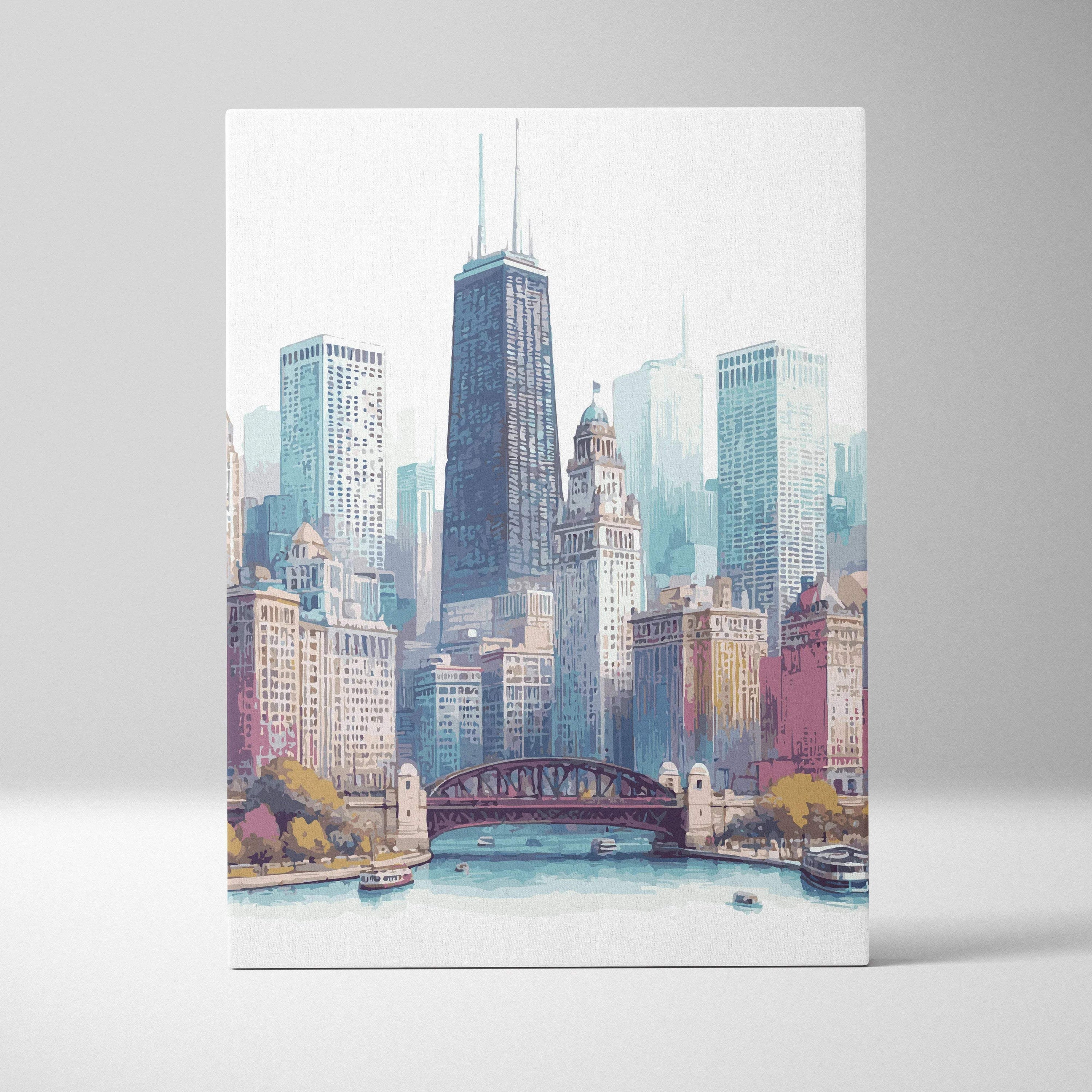 Watercolor Chicago skyline with river and bridge canvas wall art