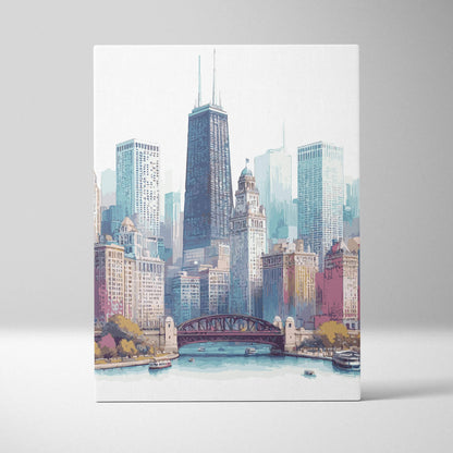 Watercolor Chicago skyline with river and bridge canvas wall art