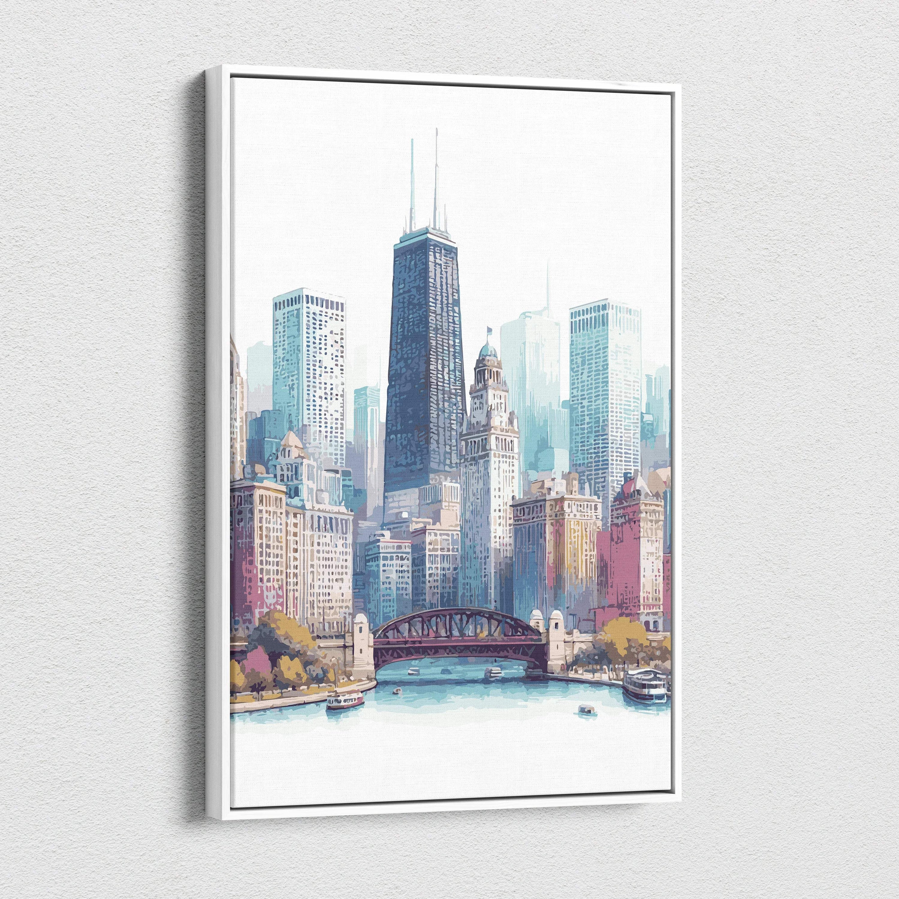 Framed watercolor Chicago skyline with river, bridge, teal tones
