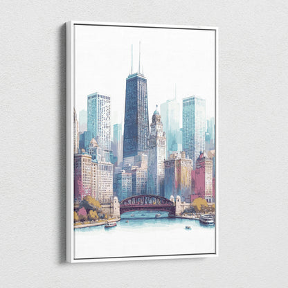 Framed watercolor Chicago skyline with river, bridge, teal tones