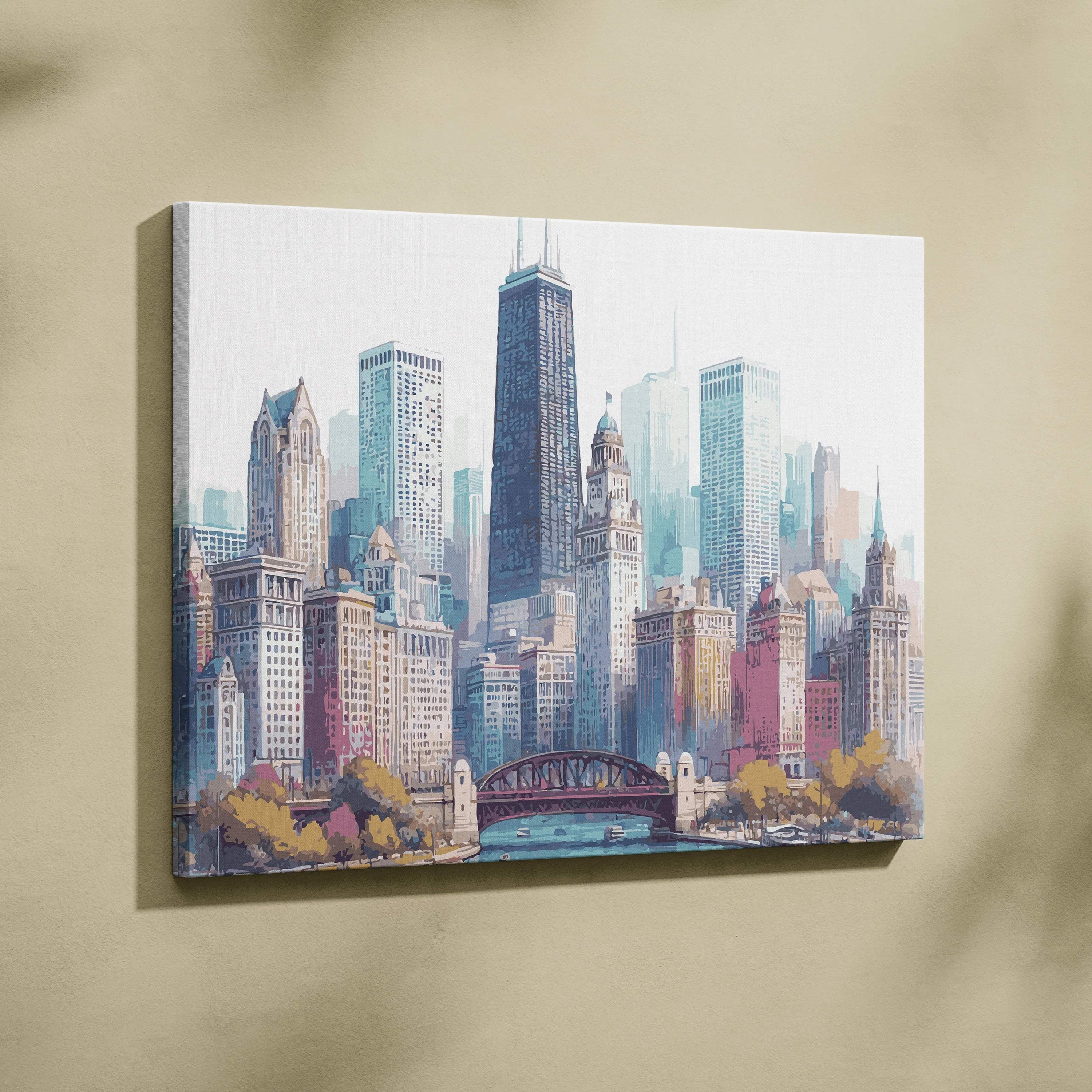 Watercolor Chicago skyline canvas art with river, bridge in pastel tones