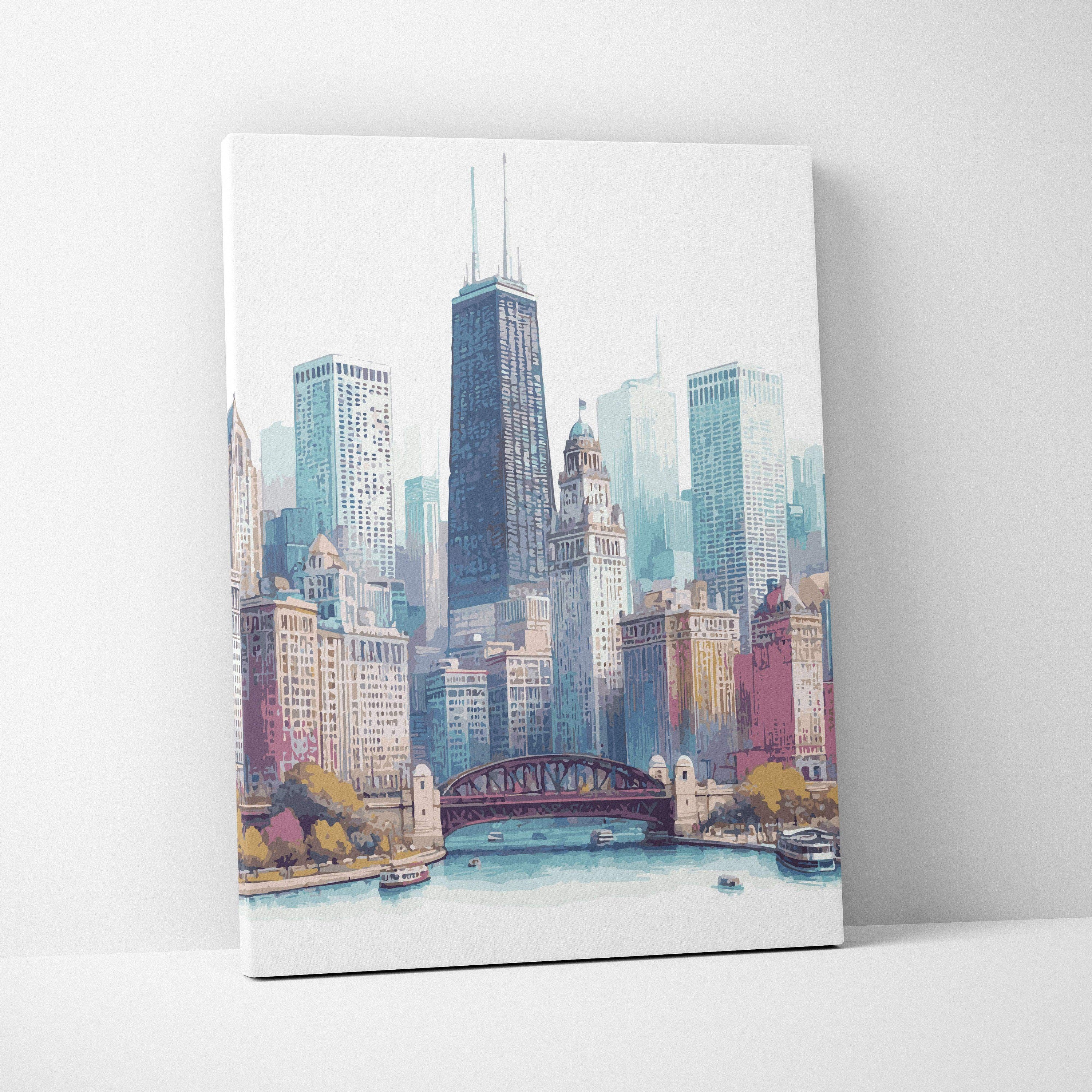 Watercolor Chicago skyline canvas art with river bridge in teal pastel tones