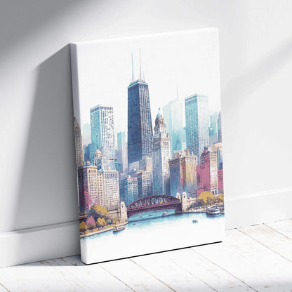 Watercolor Chicago skyline canvas art with Willis Tower, red bridge, river in teal pastel tones