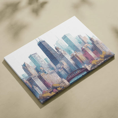 Watercolor Chicago skyline canvas art with river, bridge, blues, teals, pinks, autumn tones