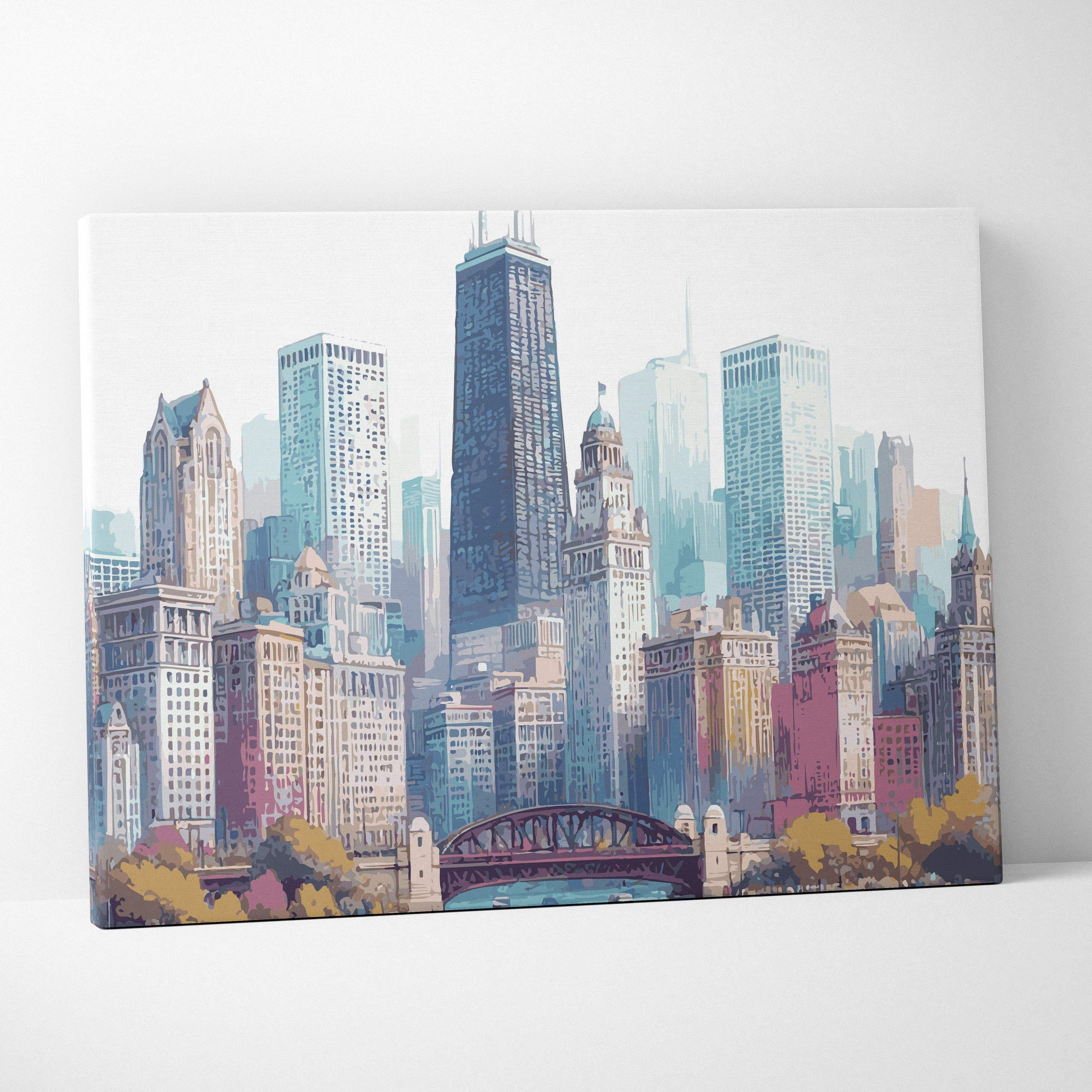 Watercolor Chicago skyline canvas art with river bridge in pastel tones