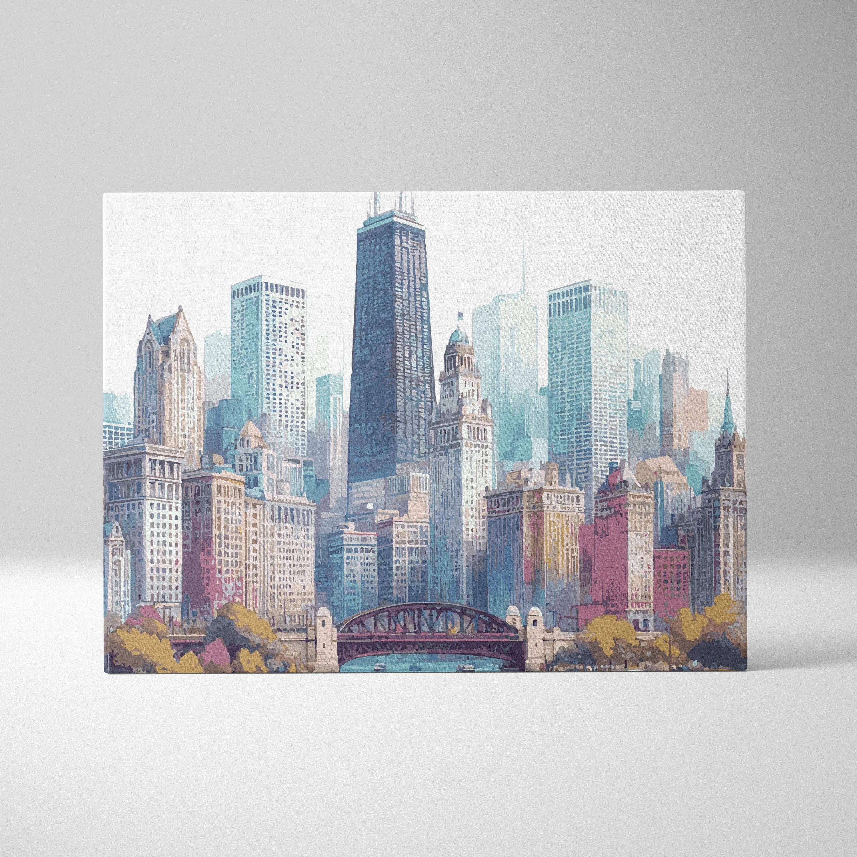 Watercolor Chicago skyline canvas print with river bridge in teal pink tones