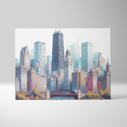 Watercolor Chicago skyline canvas print with river bridge in teal pink tones