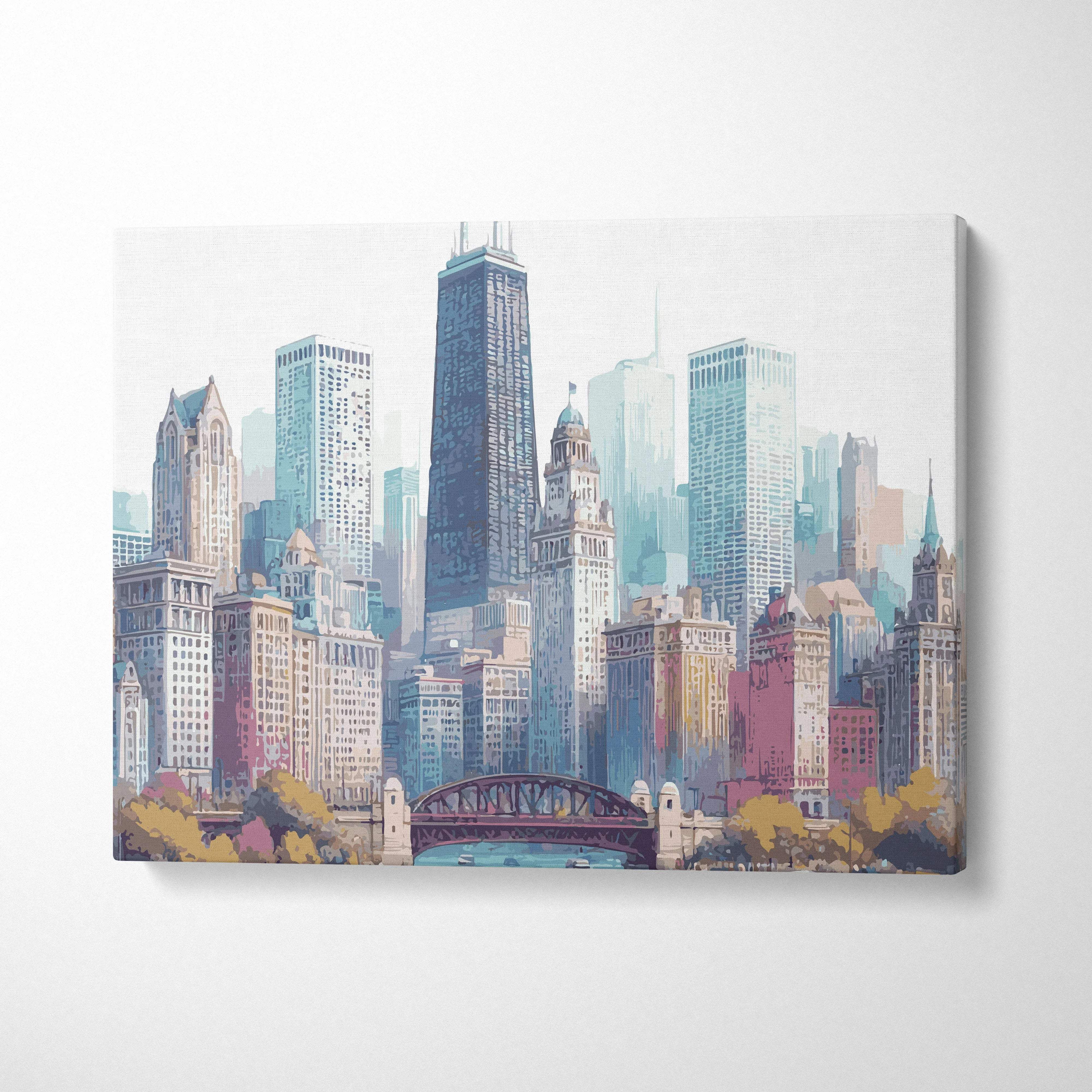 Watercolor Chicago skyline canvas art with river bridge in pastel tones