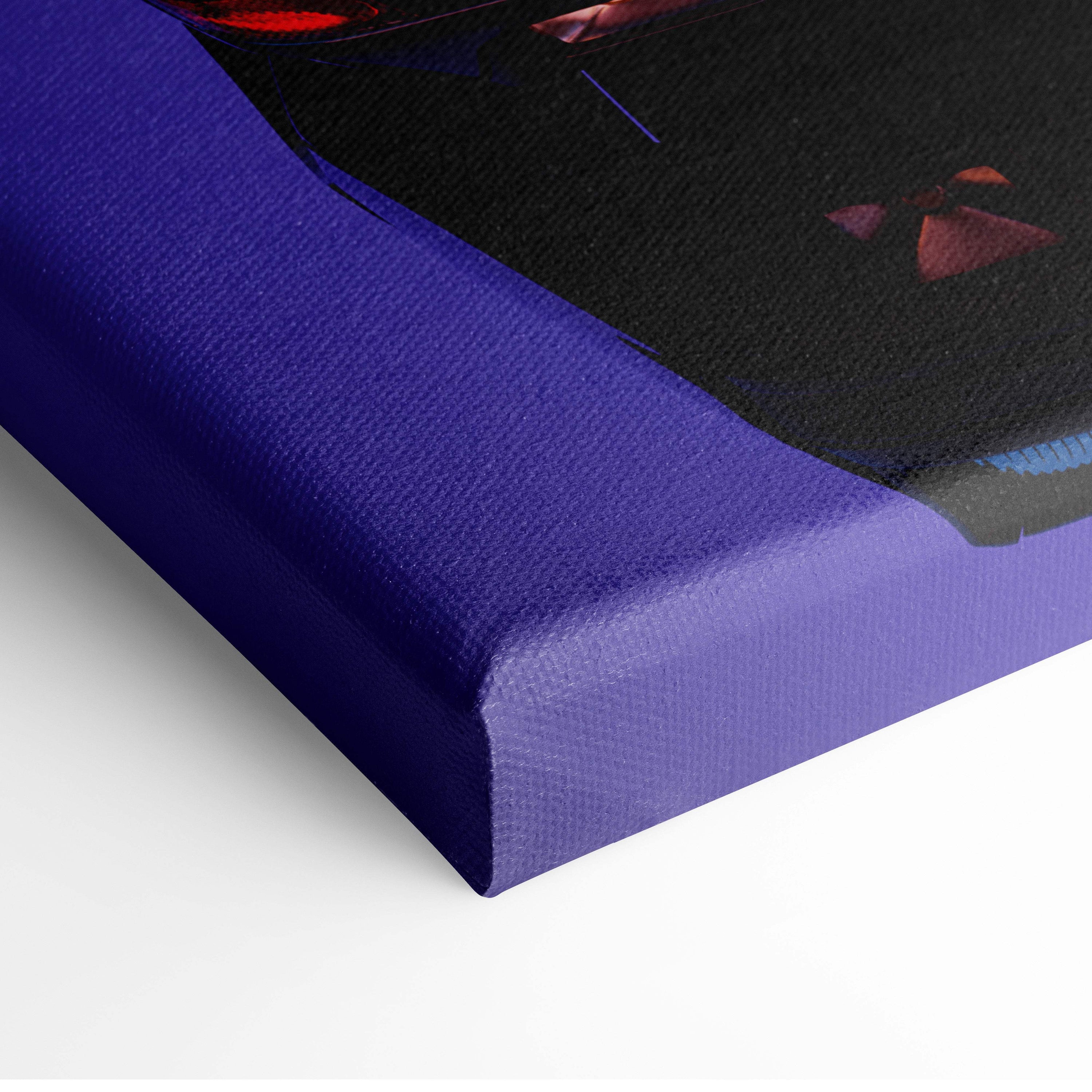 Retrowave classic rally car canvas art print featuring dark sports coupe with synthwave glow on purple textured surface