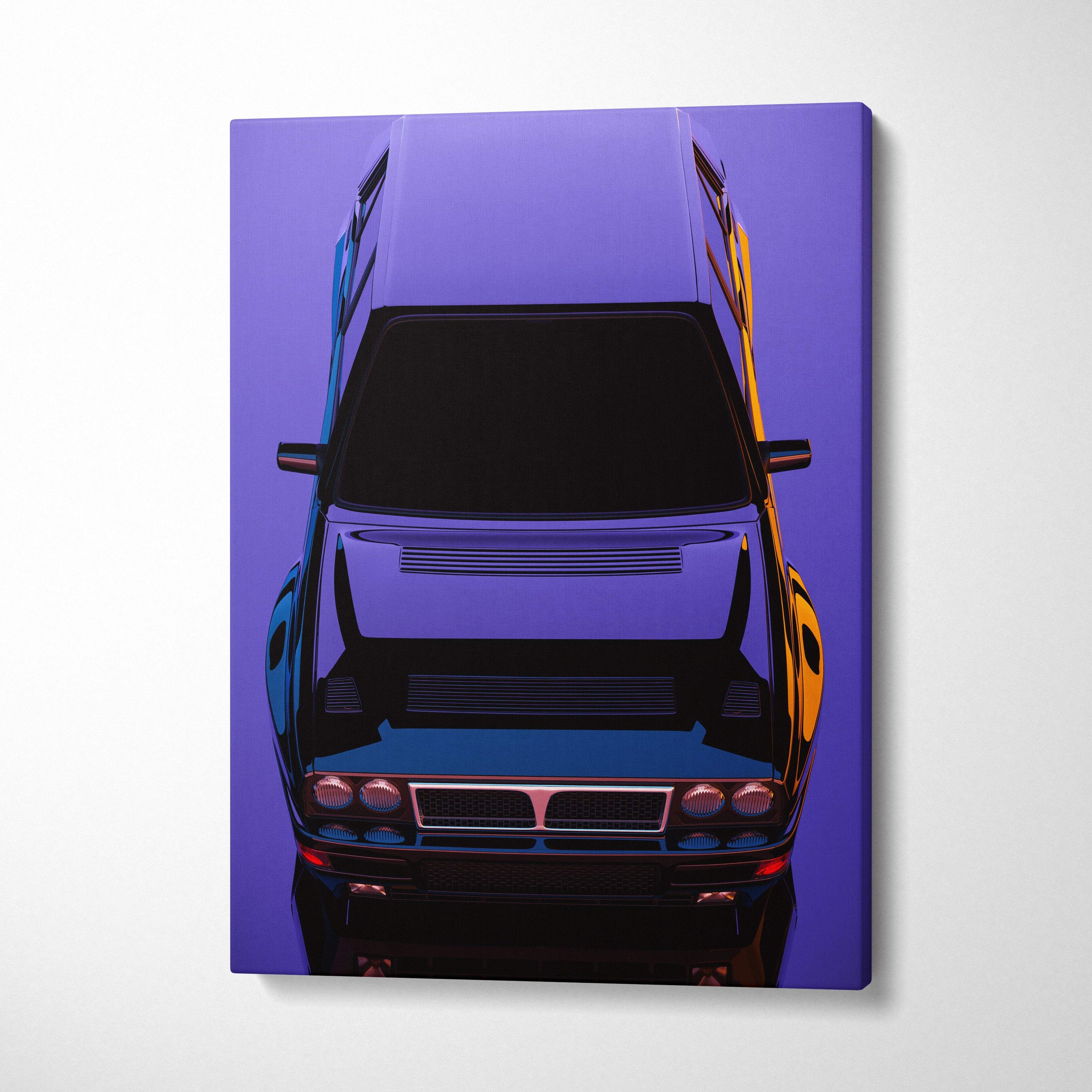 Retrowave classic rally car purple and black canvas print with vibrant neon accents and synthwave glow aesthetic wall decor