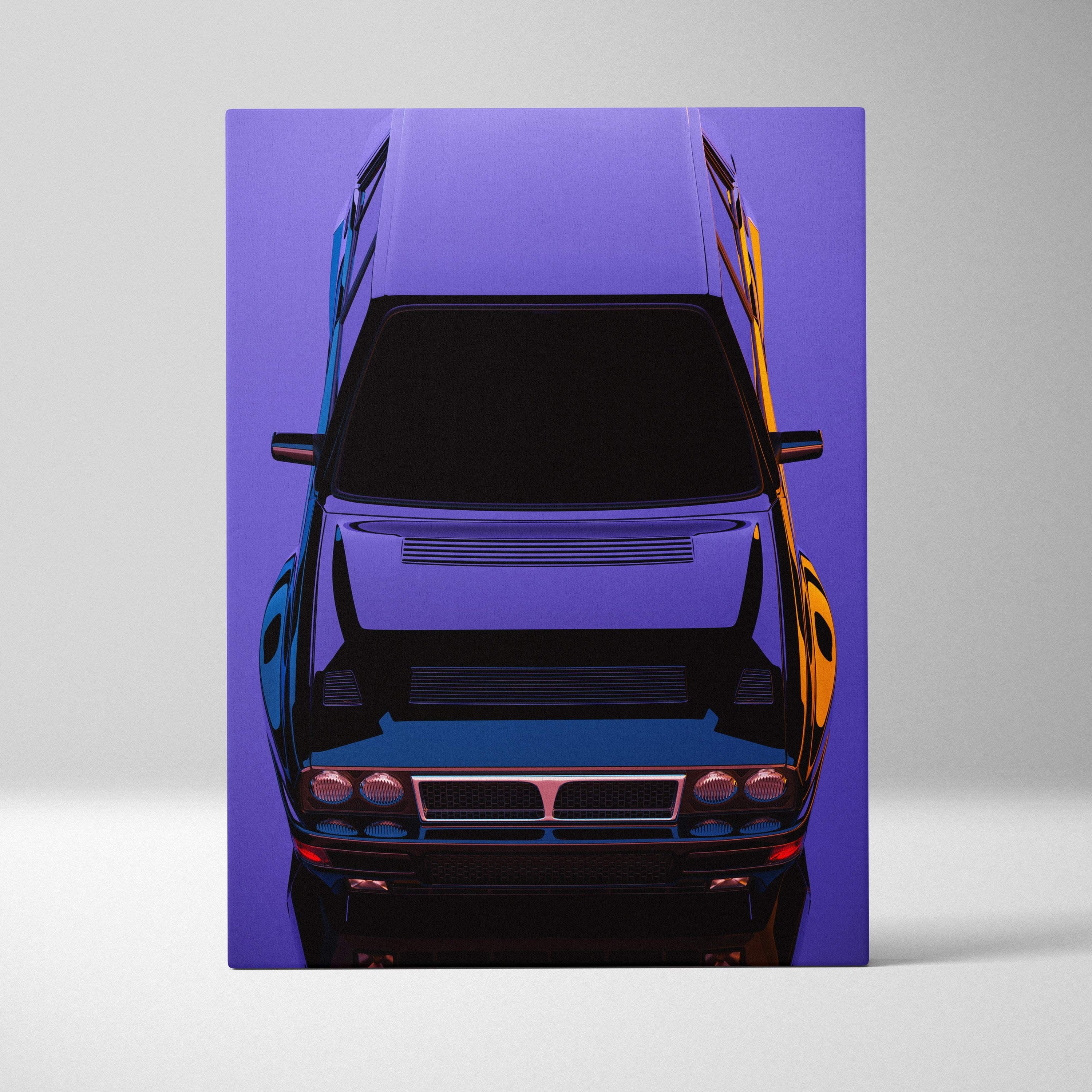 Vibrant purple and orange retrowave classic rally car canvas art print featuring stylized sports coupe with synthwave glow