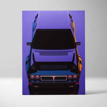 Vibrant purple and orange retrowave classic rally car canvas art print featuring stylized sports coupe with synthwave glow