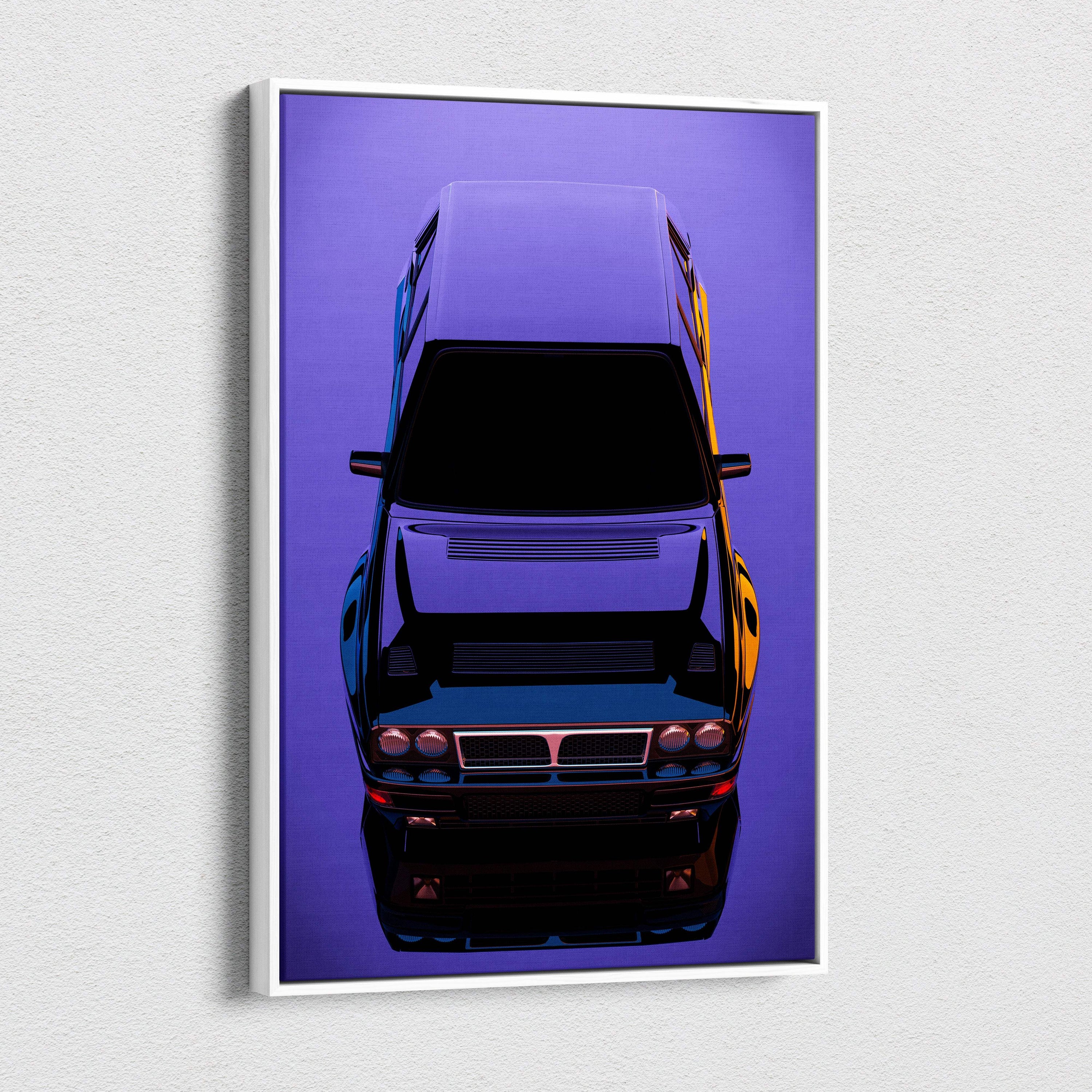 Stylized purple and black lancia delta integrale race car poster in white frame retrowave classic rally car canvas art print
