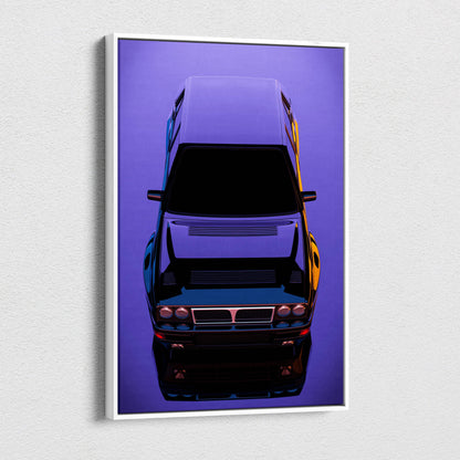 Stylized purple and black lancia delta integrale race car poster in white frame retrowave classic rally car canvas art print