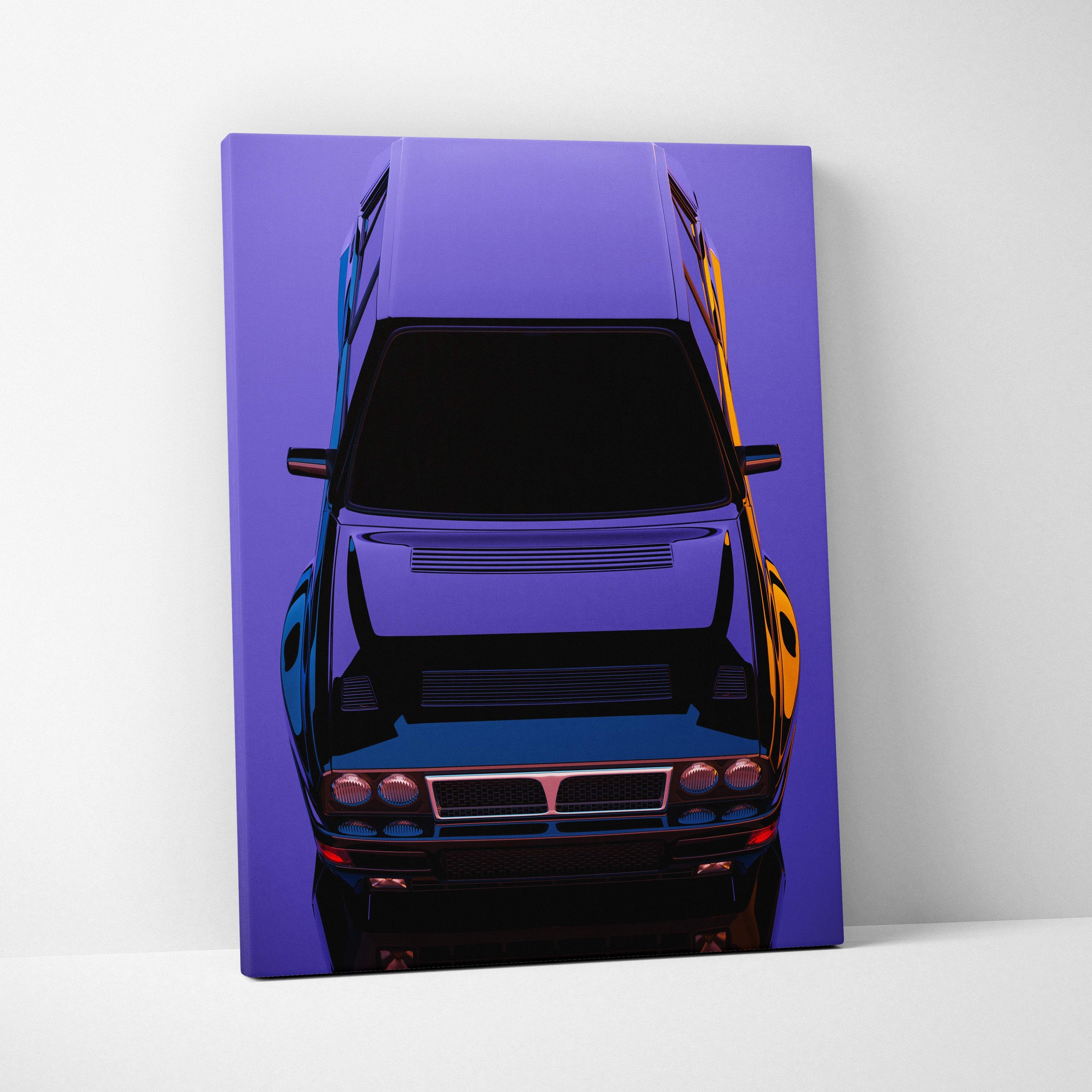 Retrowave classic rally car canvas art print featuring vibrant purple and blue stylized sports coupe with orange flames