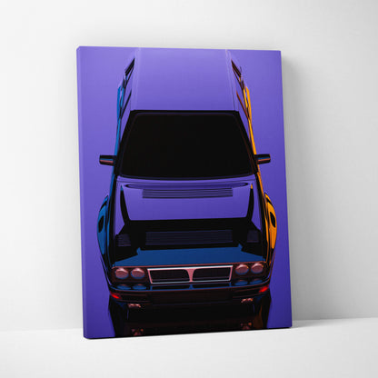 Retrowave classic rally car canvas art print featuring vibrant purple and blue stylized sports coupe with orange flames