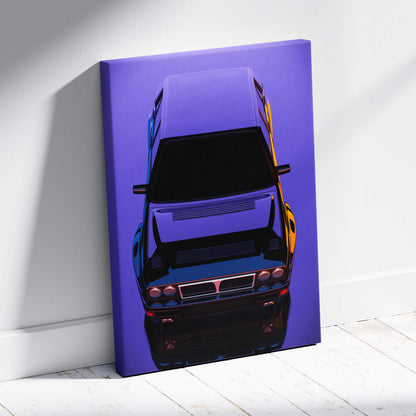Purple canvas print of a glossy black and orange sports car with red headlights retrowave classic rally car art