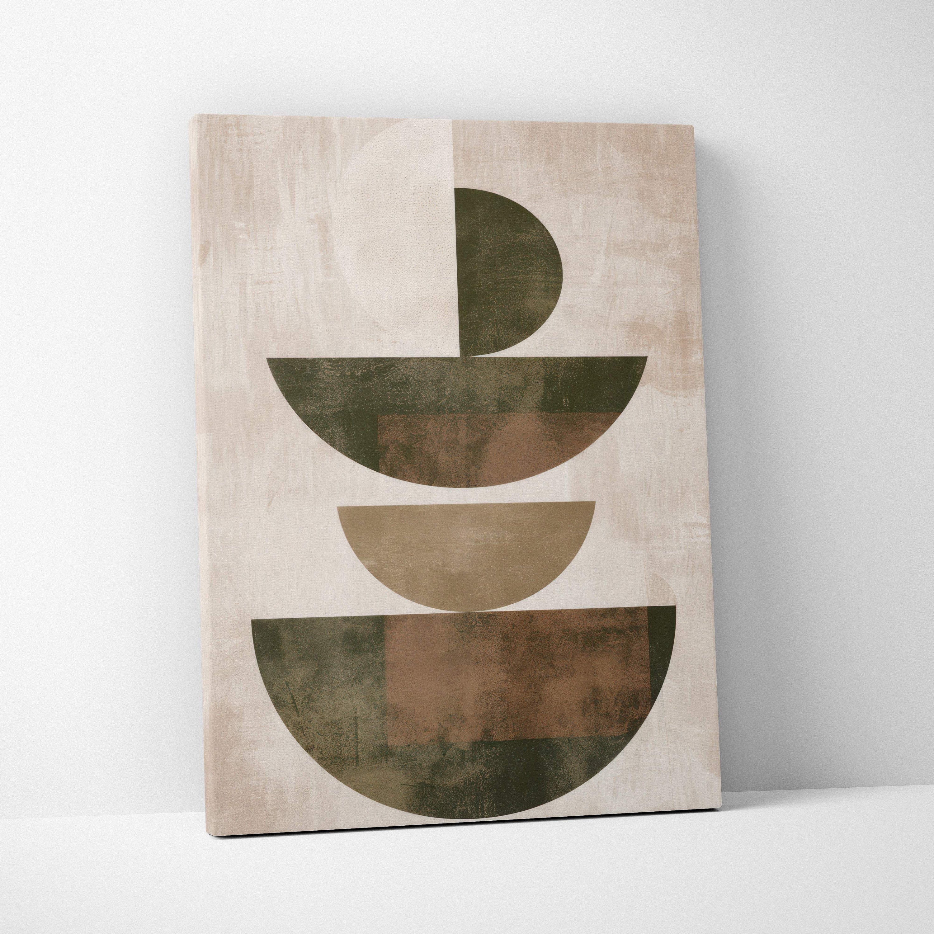 Beige canvas wall art featuring layered semi circular abstract shapes in olive taupe and brown tones for boho decor