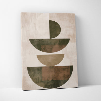 Beige canvas wall art featuring layered semi circular abstract shapes in olive taupe and brown tones for boho decor