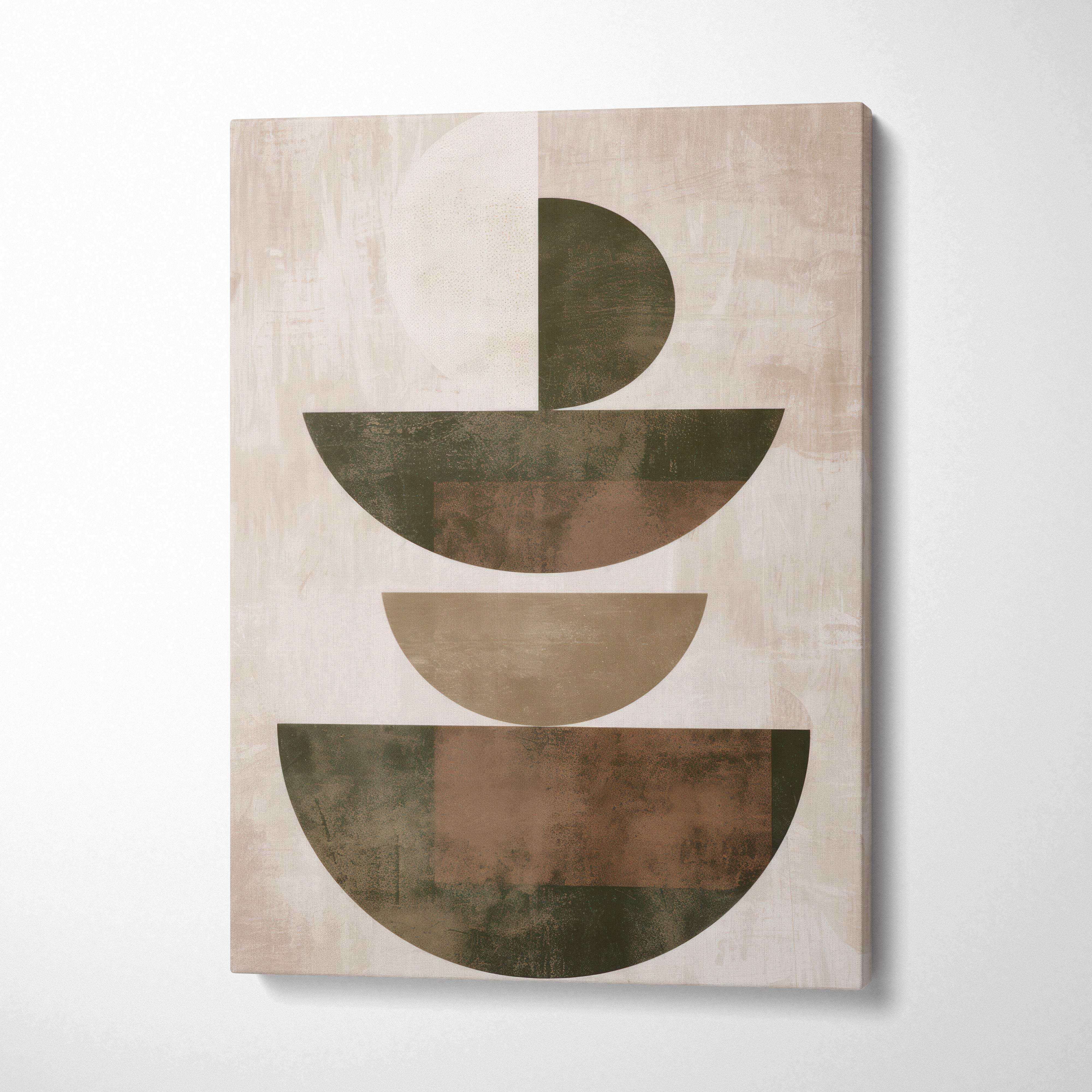 Beige canvas wall art with layered olive green taupe and brown semi circles in boho geometric balance design