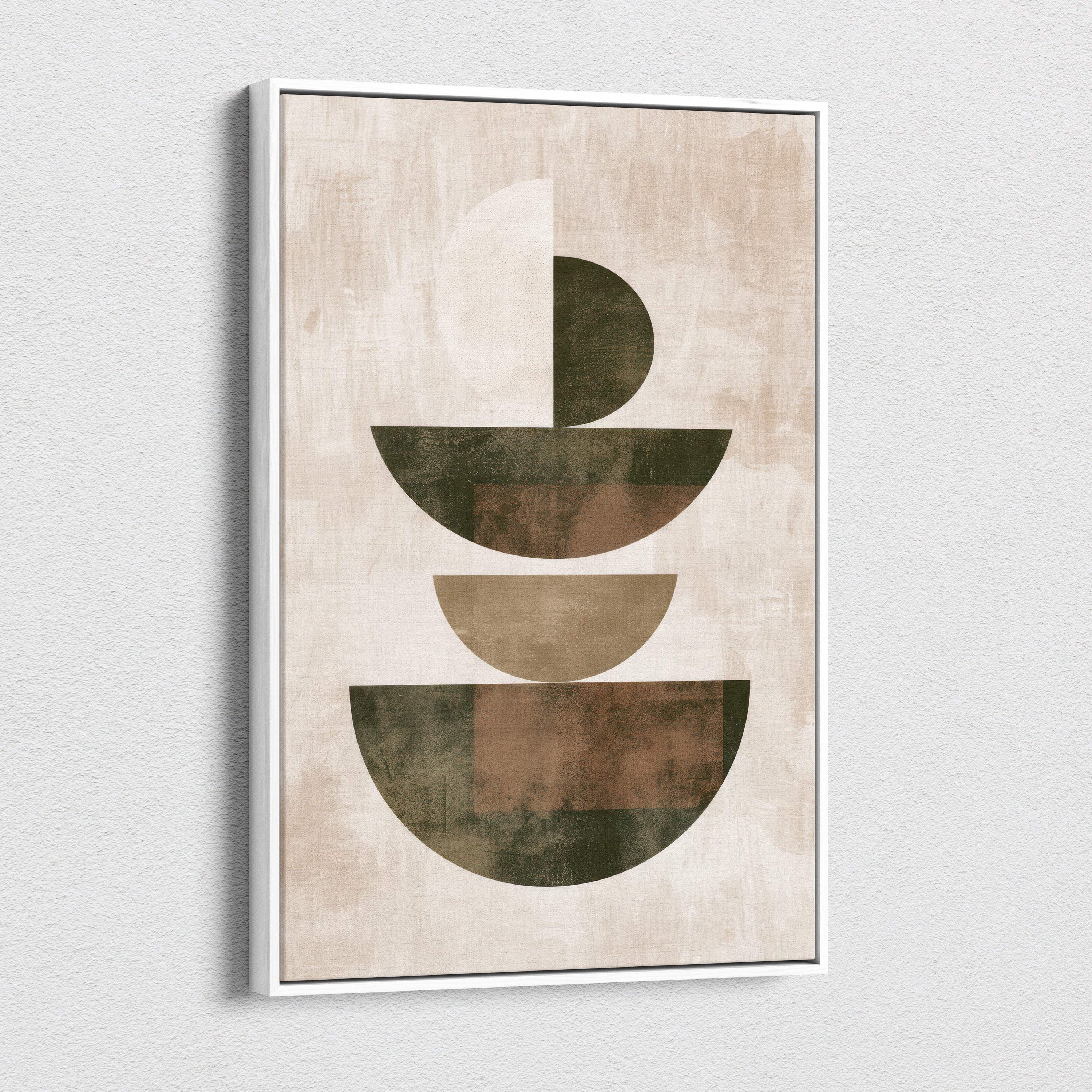 Modern abstract art print in a white frame with beige olive and brown layered semi-circles on textured off-white background