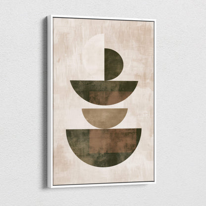 Modern abstract art print in a white frame with beige olive and brown layered semi-circles on textured off-white background