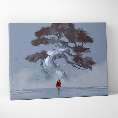 Snow spirit tree canvas print with stylized reddish brown tree and misty gray sky minimalist winter wall art