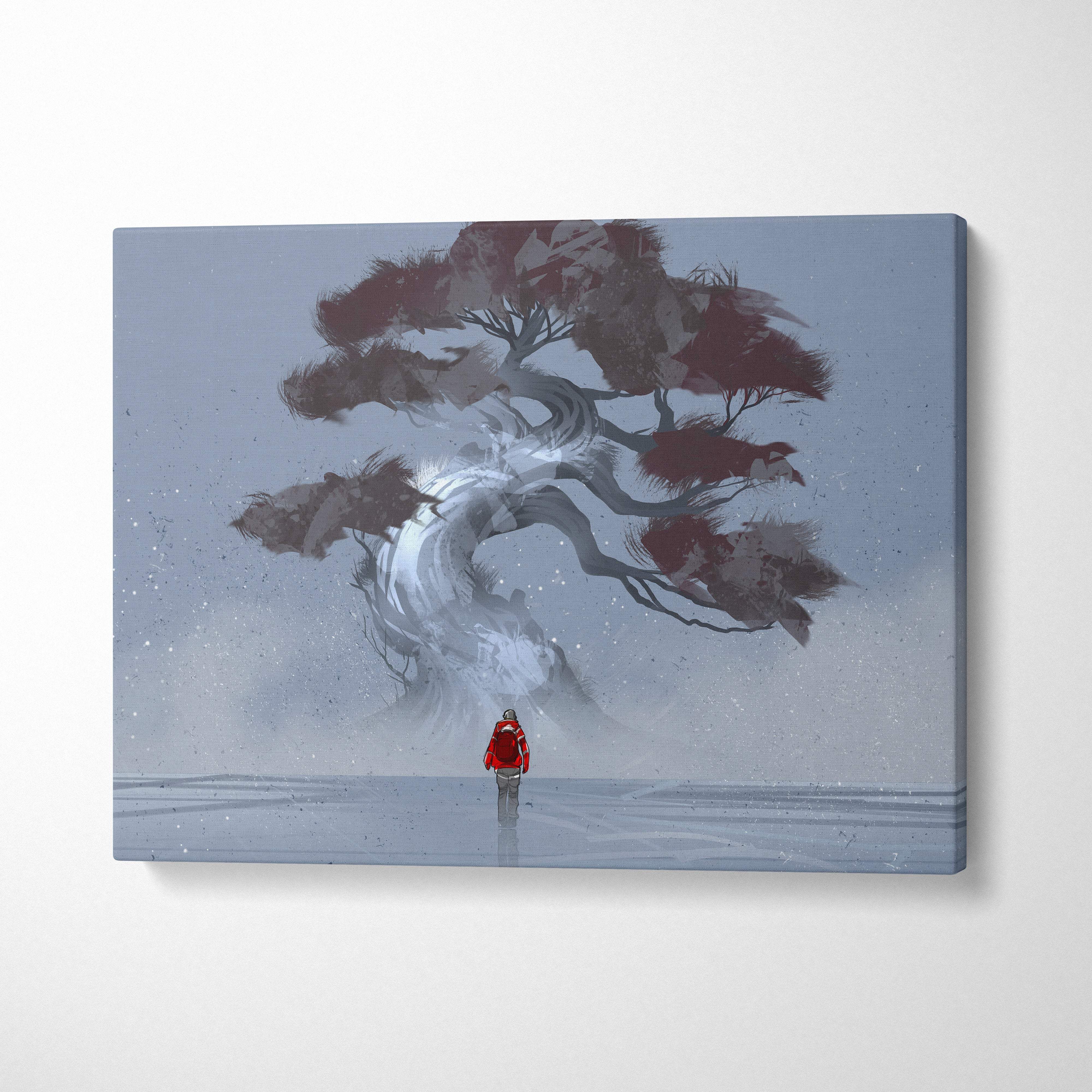 Snow spirit tree canvas print featuring a stylized gnarled tree with reddish brown foliage in a snowy winter scene