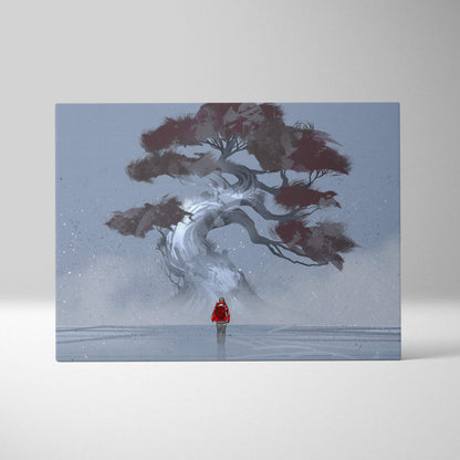 Snow spirit tree canvas print featuring a stylized gnarled tree with red and gray foliage and a red-coated figure