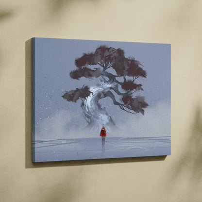Snow spirit tree canvas print showing a stylized gnarled tree with dark red foliage and a red coat figure below