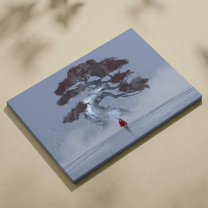 Snow spirit tree canvas print featuring a stylized dark reddish-brown tree with a red explorer under a gray sky