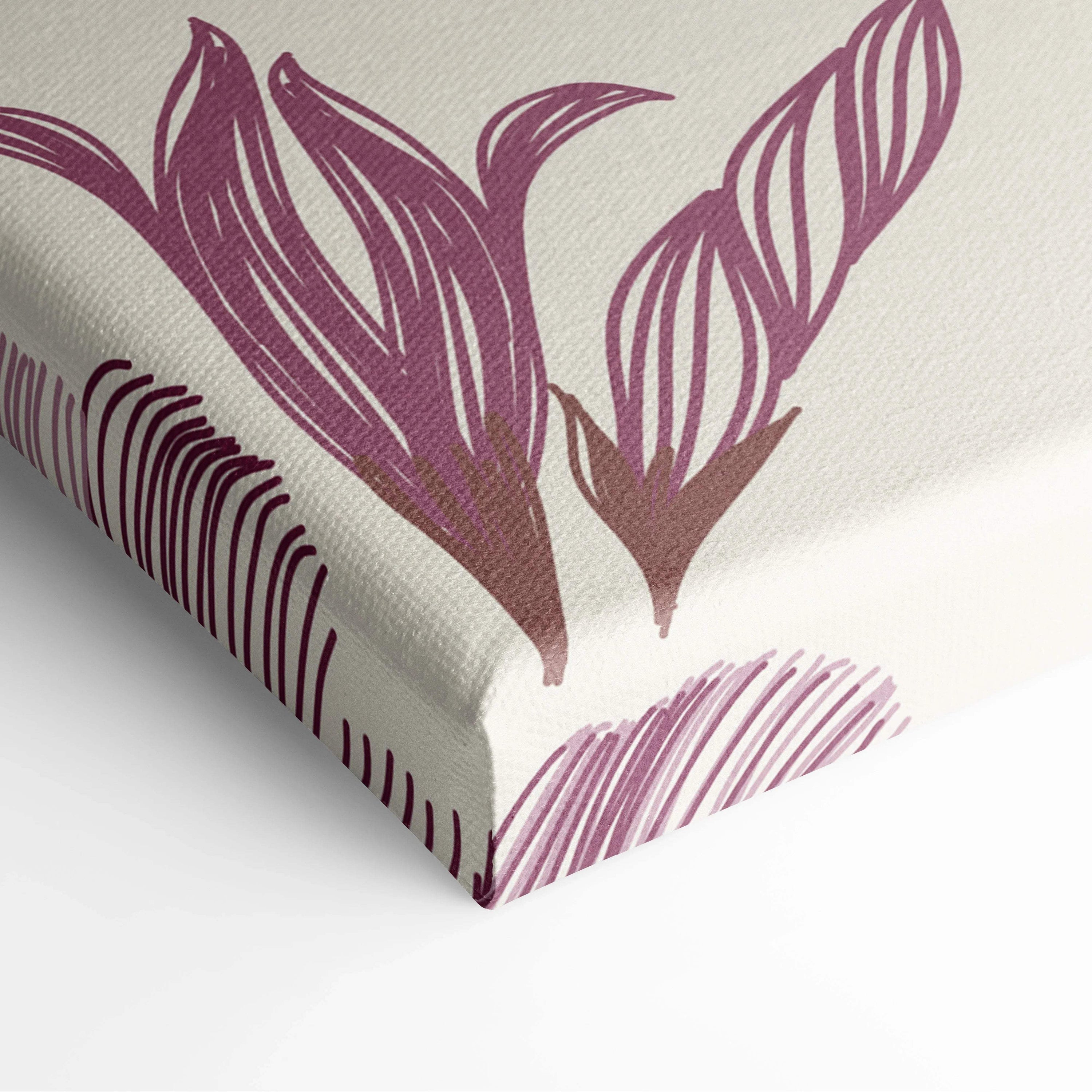 Cream canvas print of purple wildflowers, green leaves in plum sage beige romantic mood