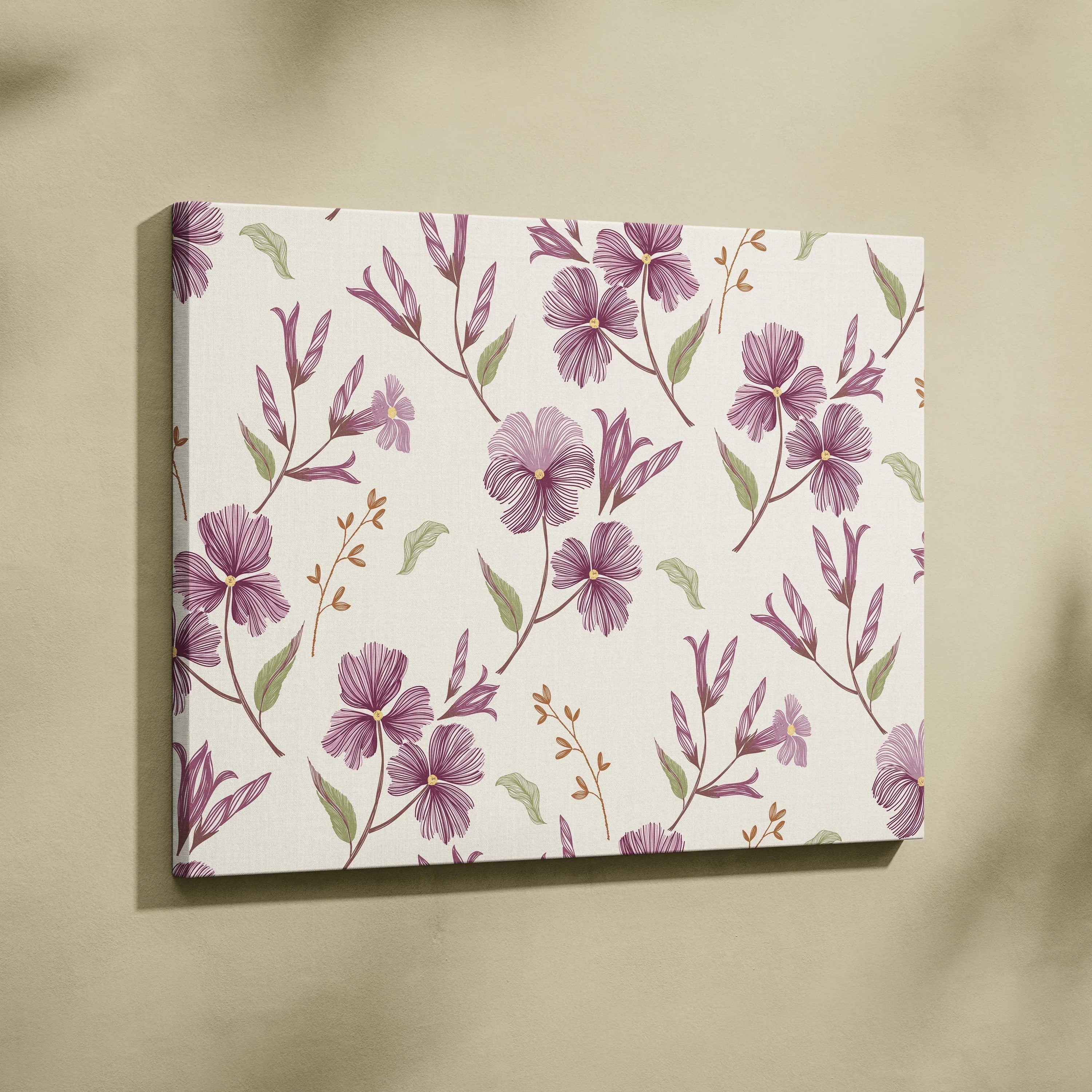 Seamless purple wildflower floral canvas wall art with green leaves