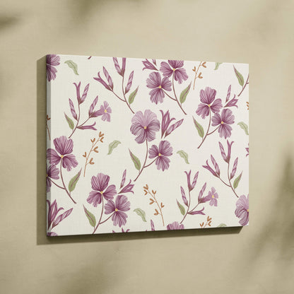 Seamless purple wildflower floral canvas wall art with green leaves