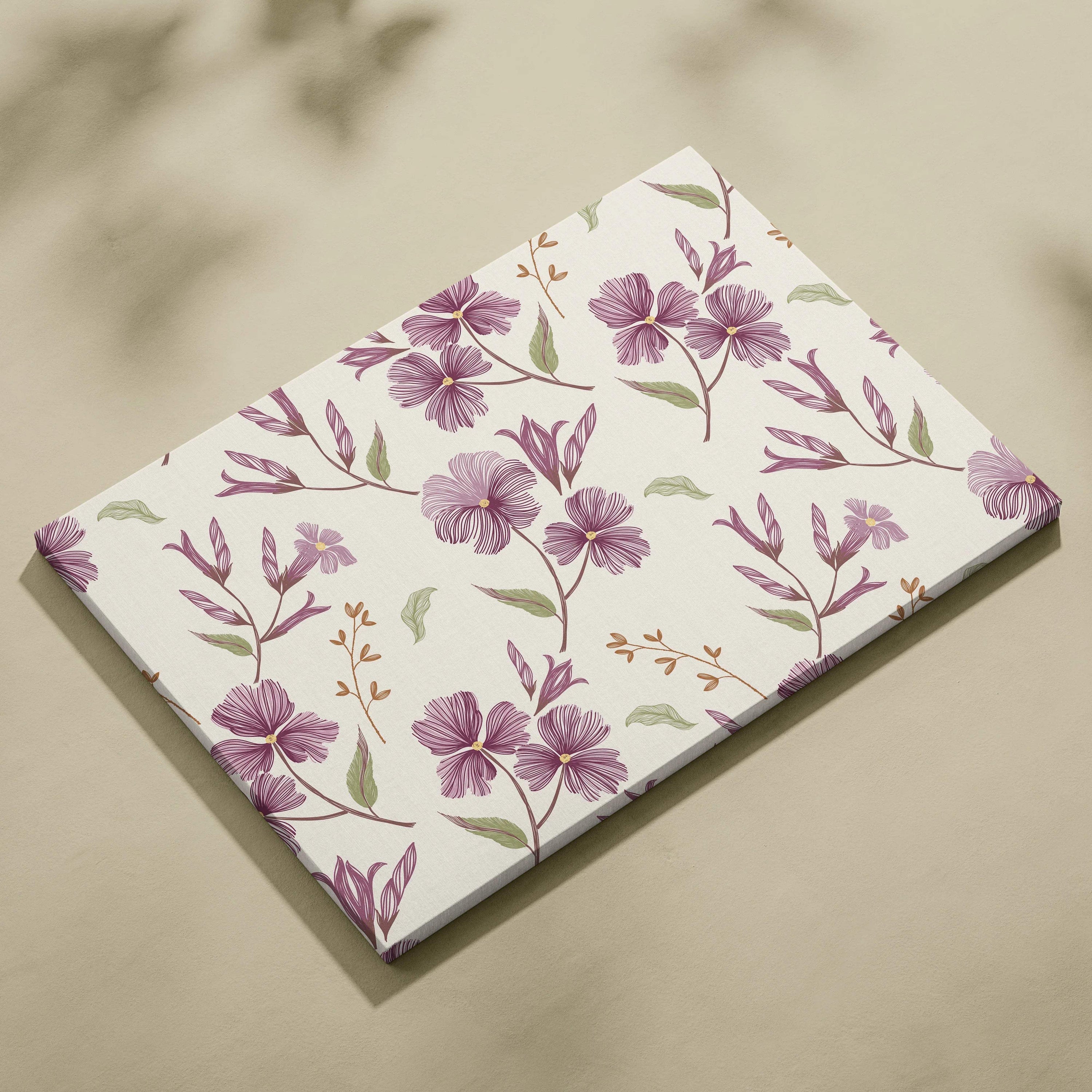 Seamless purple wildflower floral canvas wall art in plum sage beige