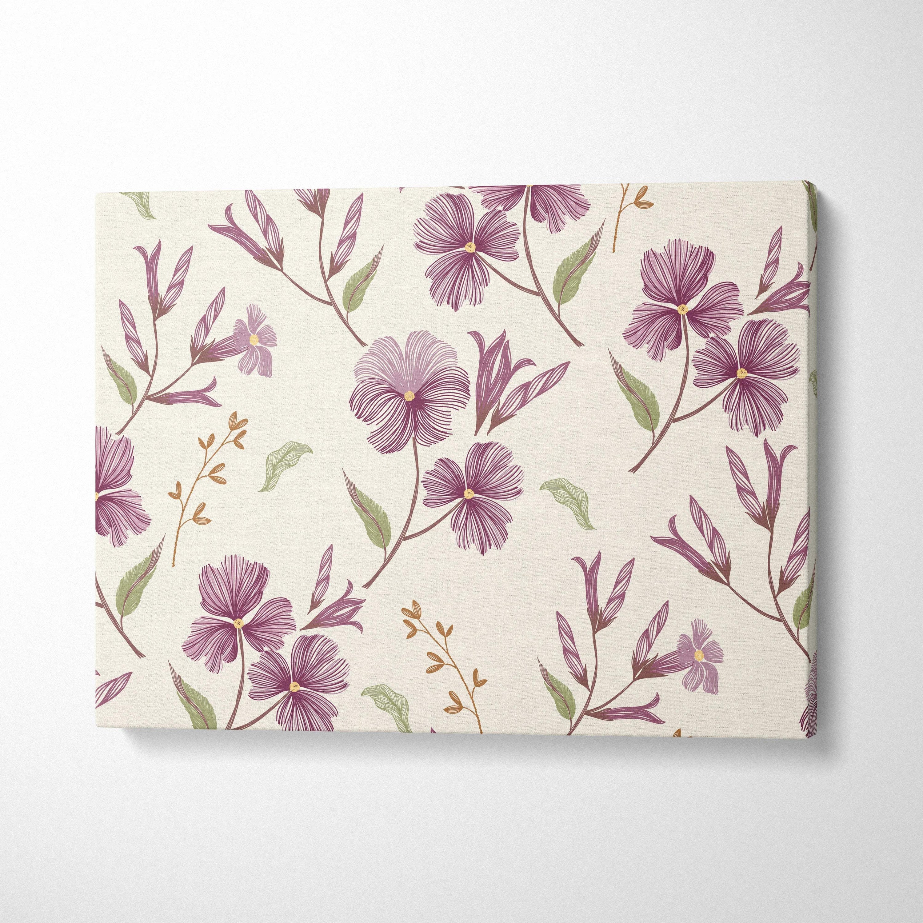 Seamless purple wildflower canvas wall art with green leaves in romantic beige tones