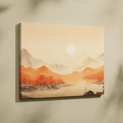 Minimalist watercolor autumn mountain landscape with misty lake canvas art