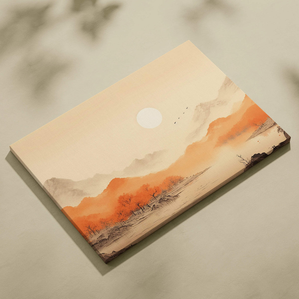 Minimalist watercolor autumn mountain landscape canvas with misty lake