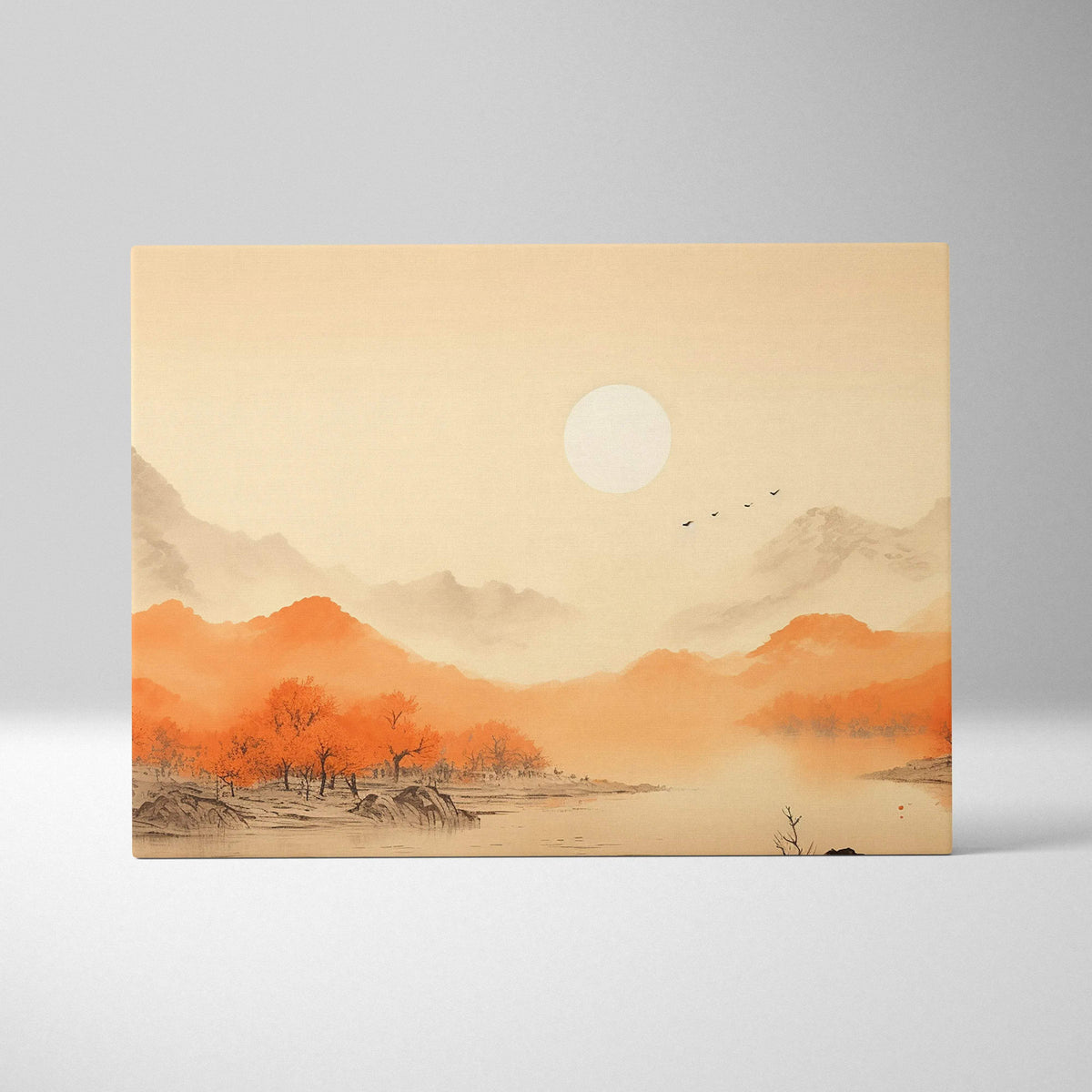 Minimalist watercolor autumn mountain lake canvas wall art