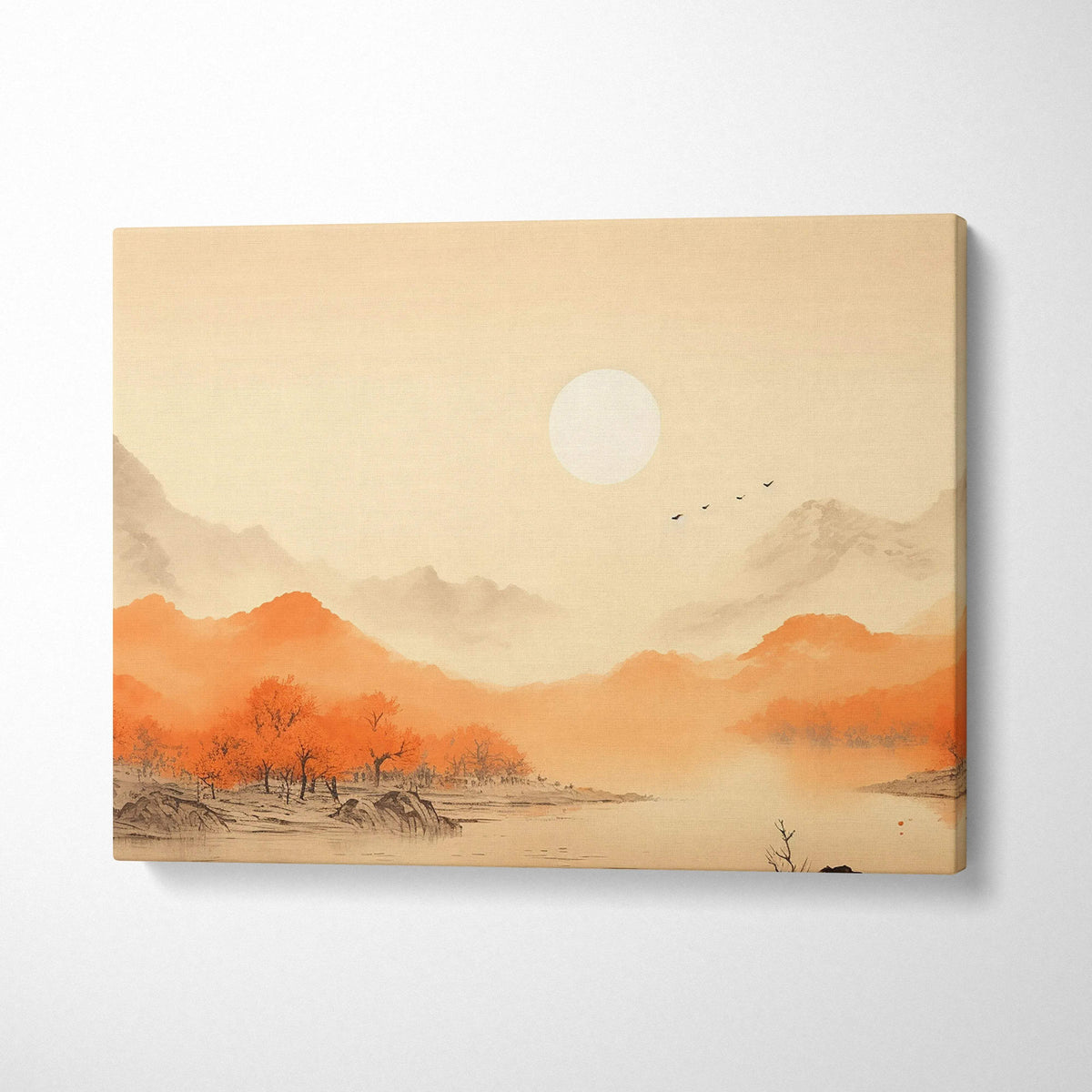 Minimalist watercolor autumn mountain lake canvas art in beige amber tones