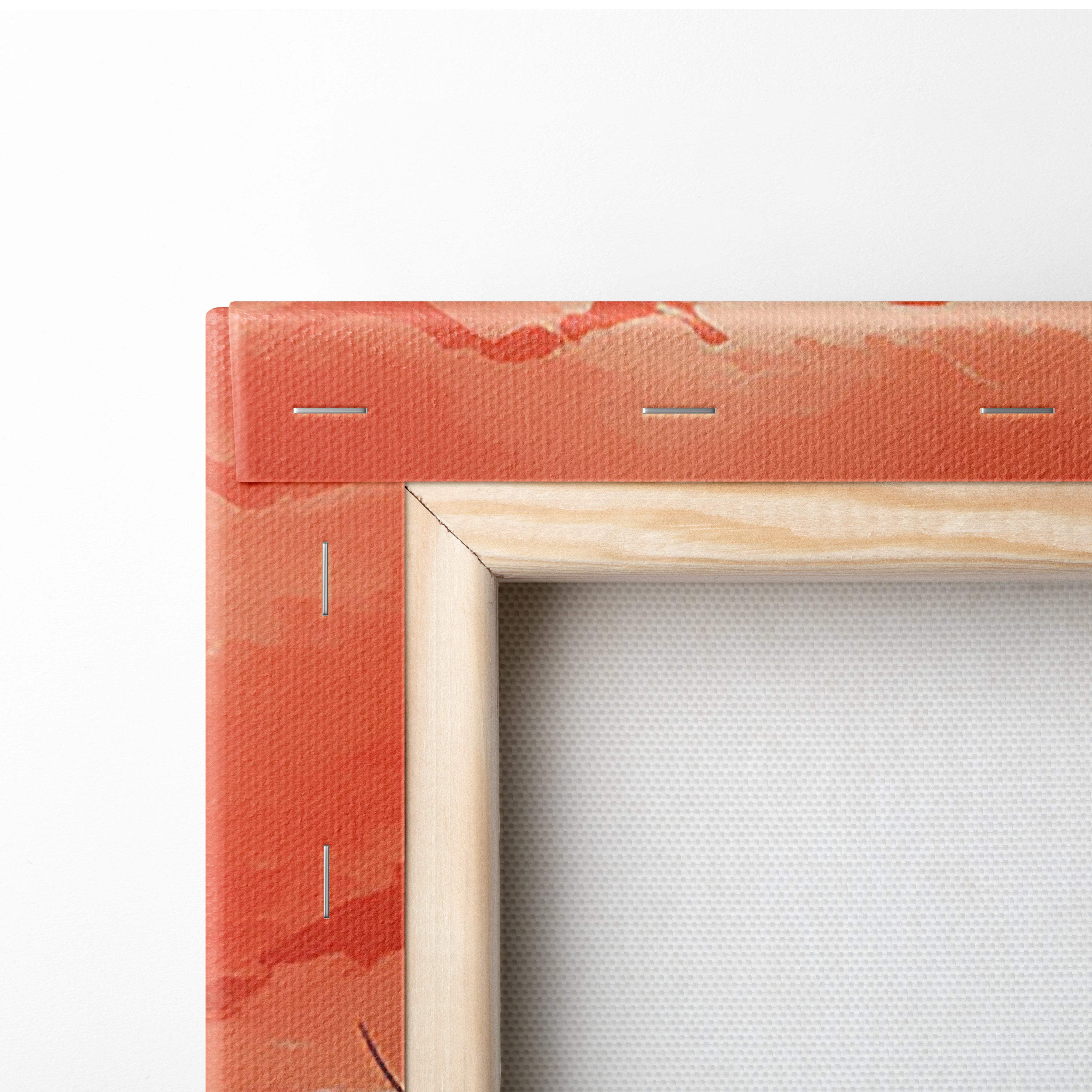 A coral-colored canvas painting with a light wood frame featuring warm Asian watercolor mountain lake art