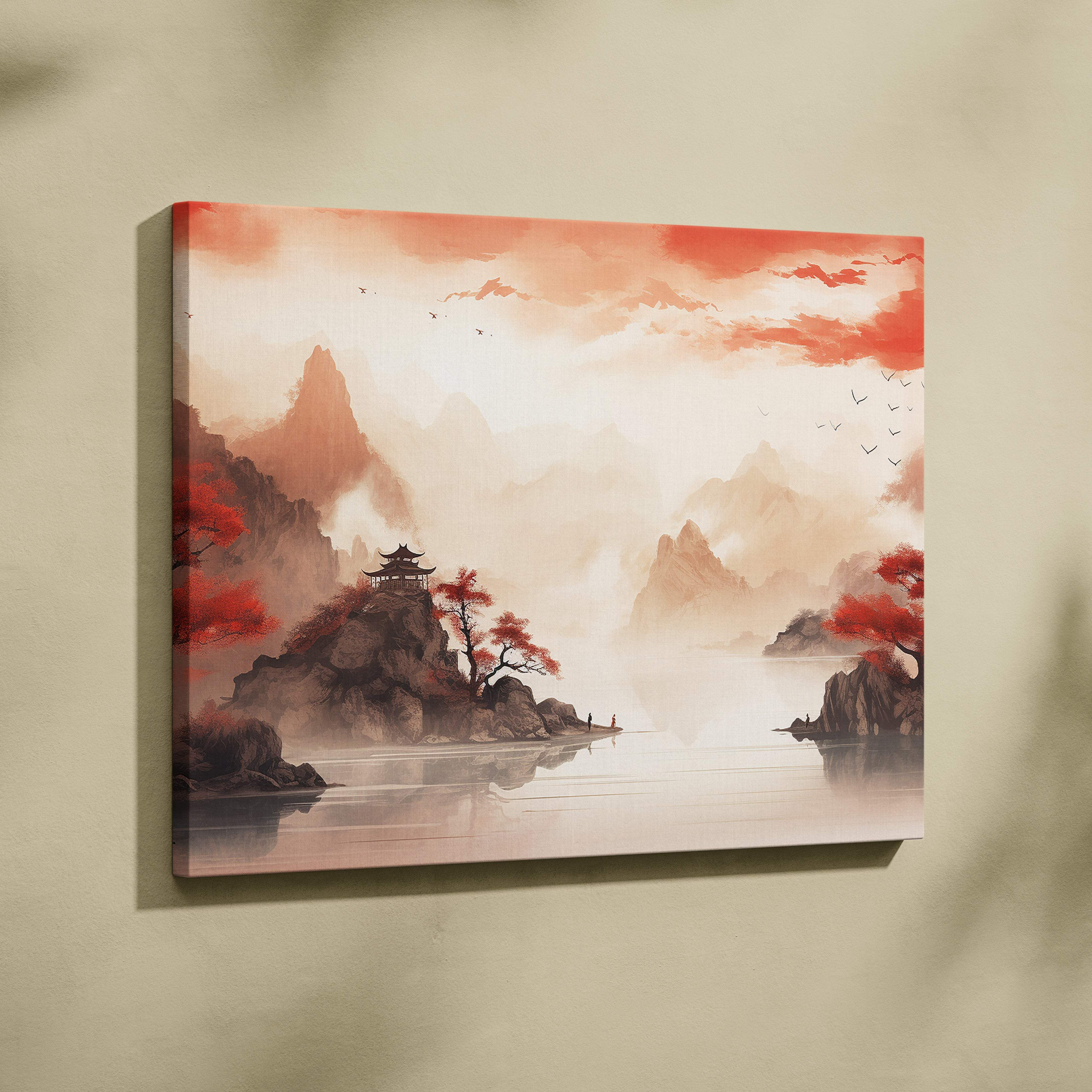 Red autumn mountain lake canvas wall art featuring misty pagoda landscape with red leaves in warm watercolor tones