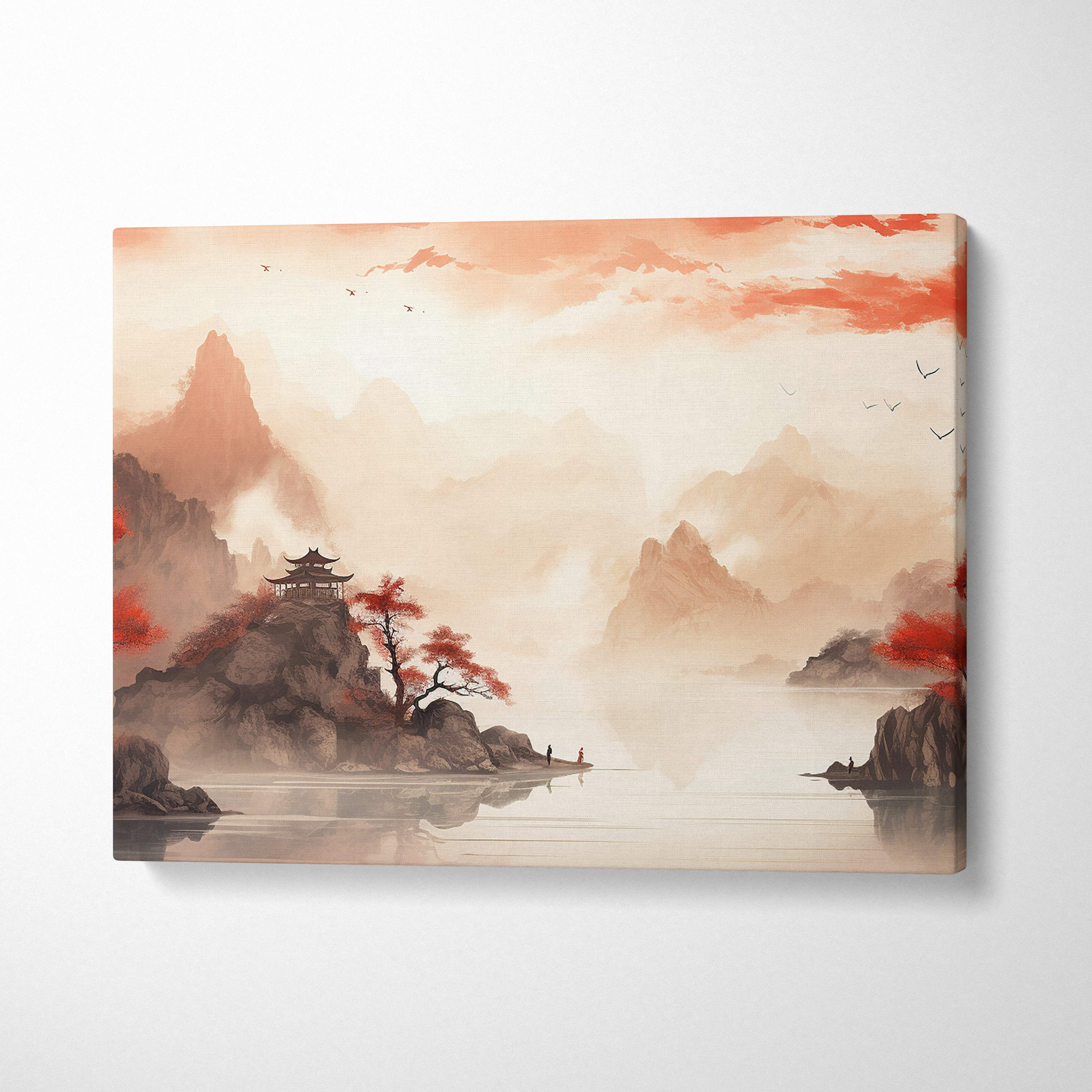 Red autumn mountain lake canvas wall art depicting a serene misty landscape with pagodas and red-leafed trees