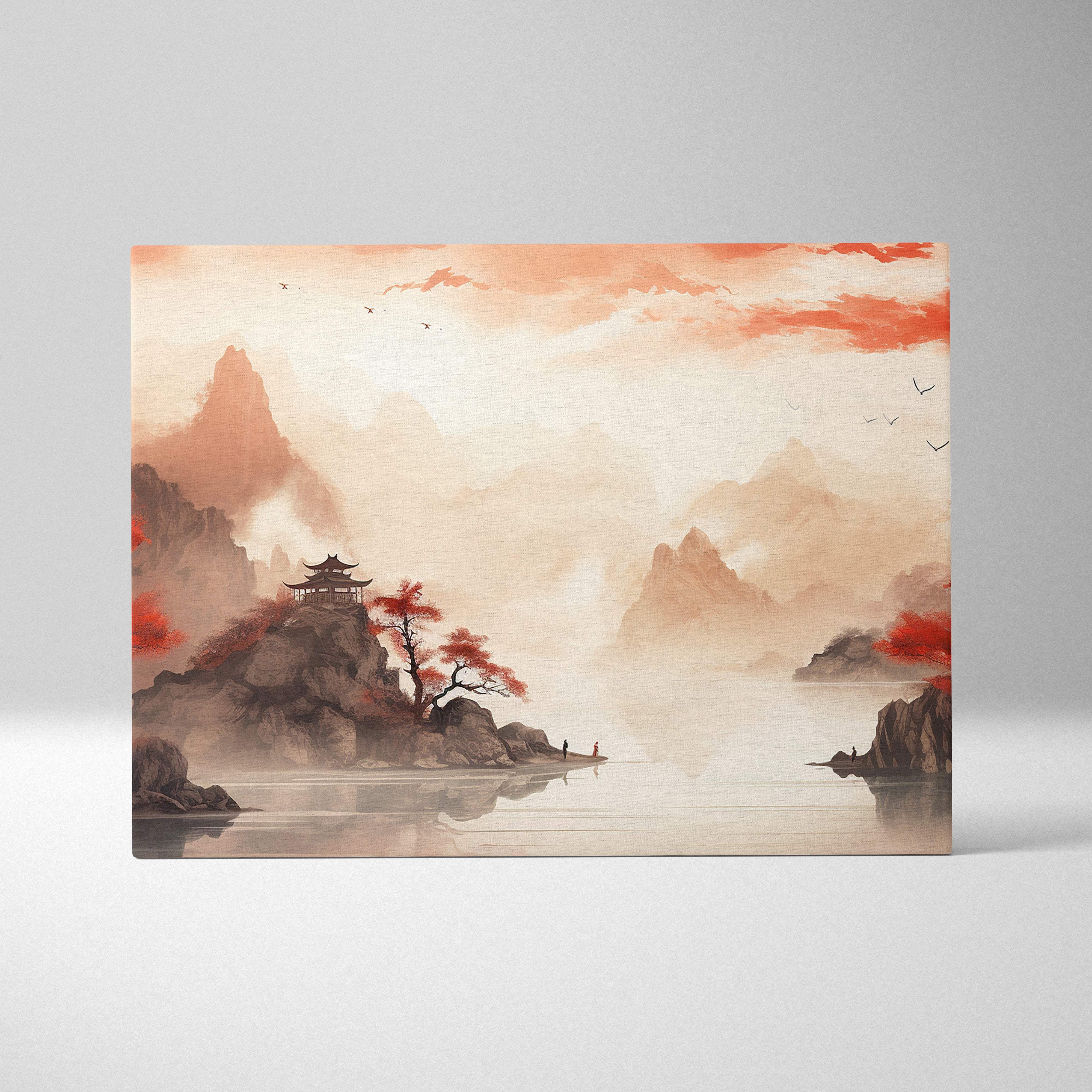 Red autumn mountain lake canvas wall art with warm orange misty landscape and traditional chinese pagoda decor