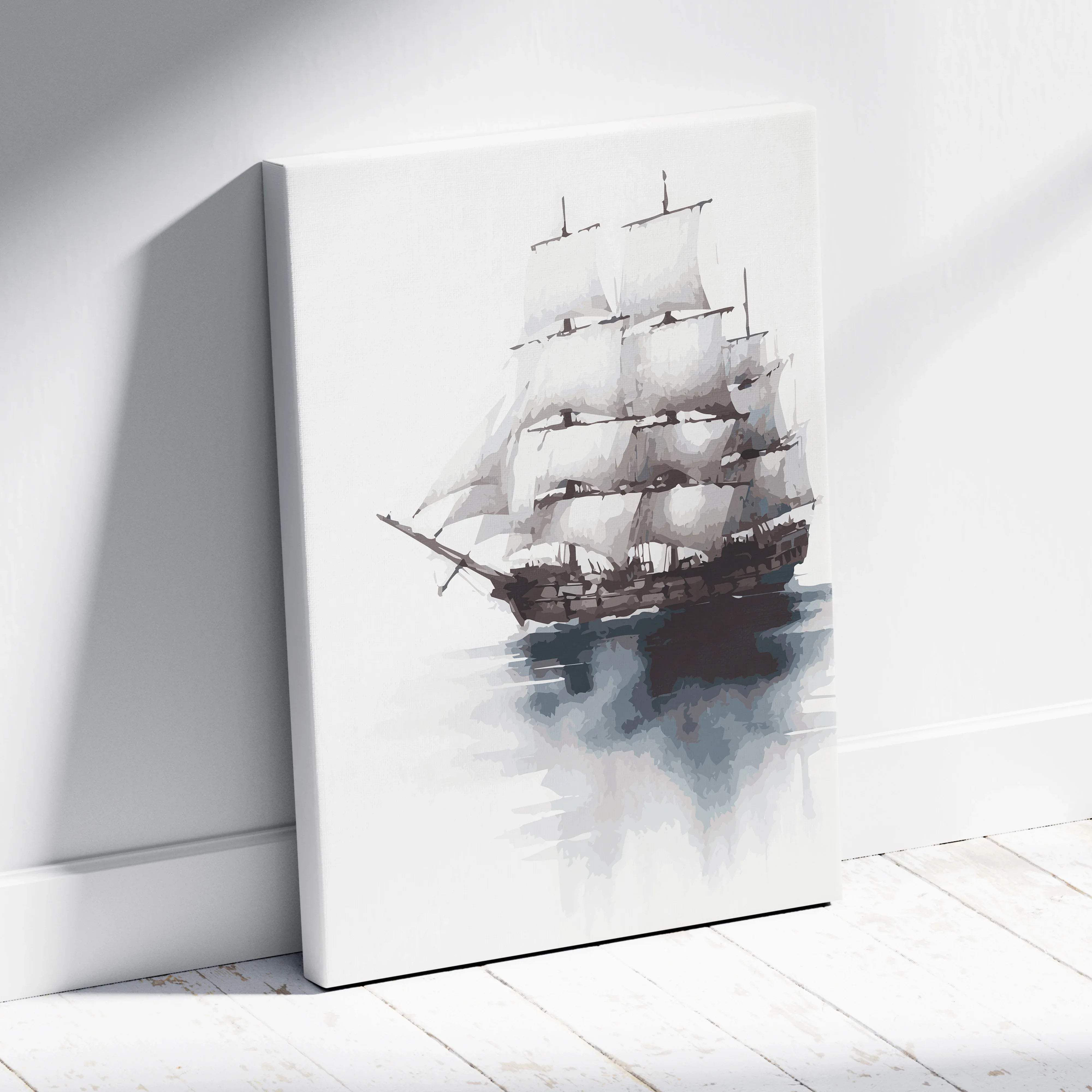 Watercolor tall ship canvas print in gray navy blue tones on gallery frame
