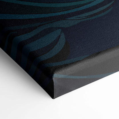 A canvas print of great wave ocean wall art with abstract teal and black waves on a dark navy background