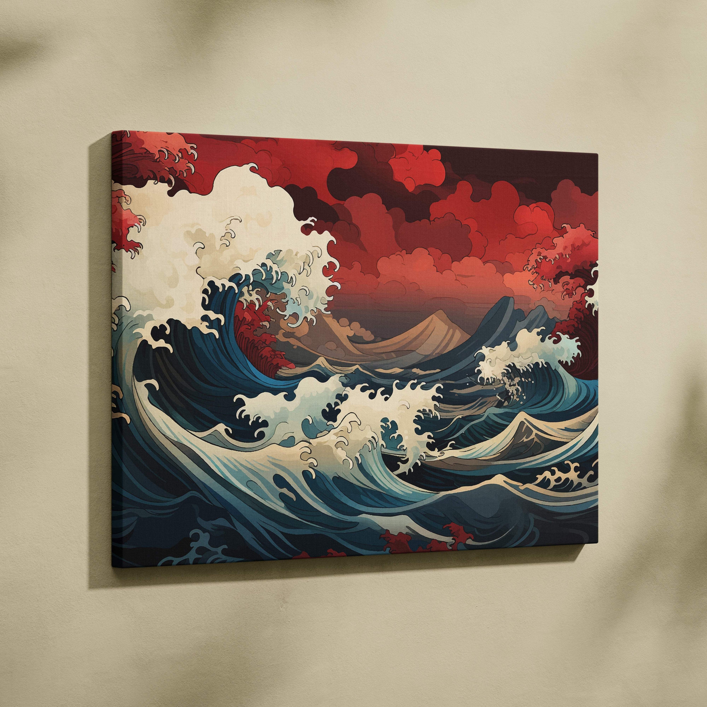 Vibrant great wave ocean canvas wall art with dynamic blue waves and fiery red sky in Japanese painting style