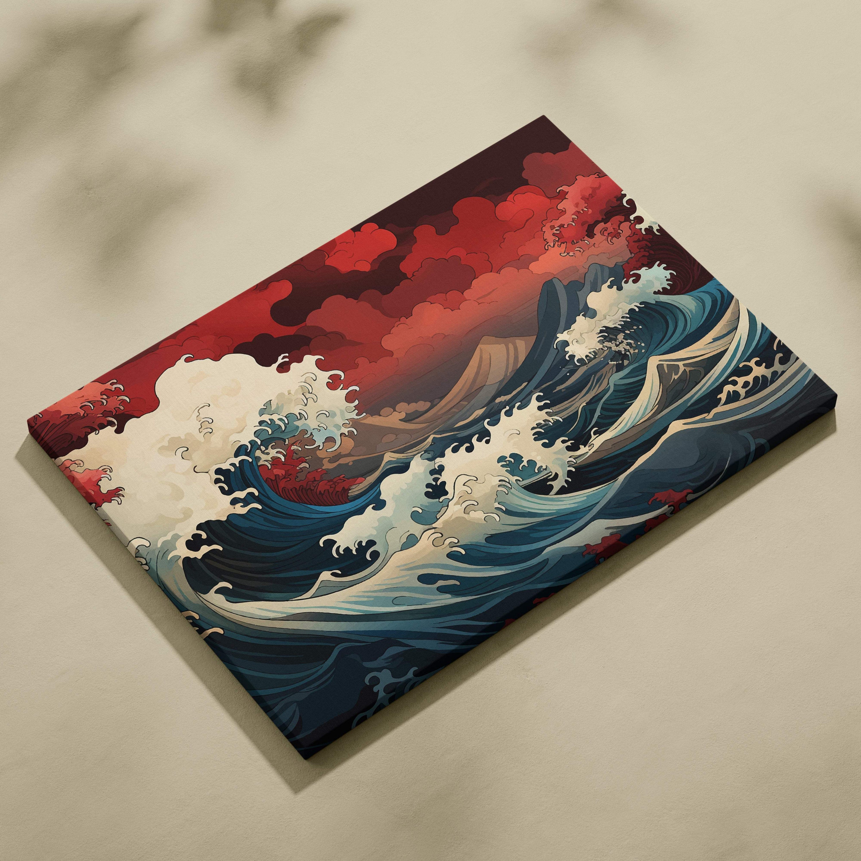 A vibrant great wave ocean canvas print with deep blues whites and dark red in Japanese style for wall art decor