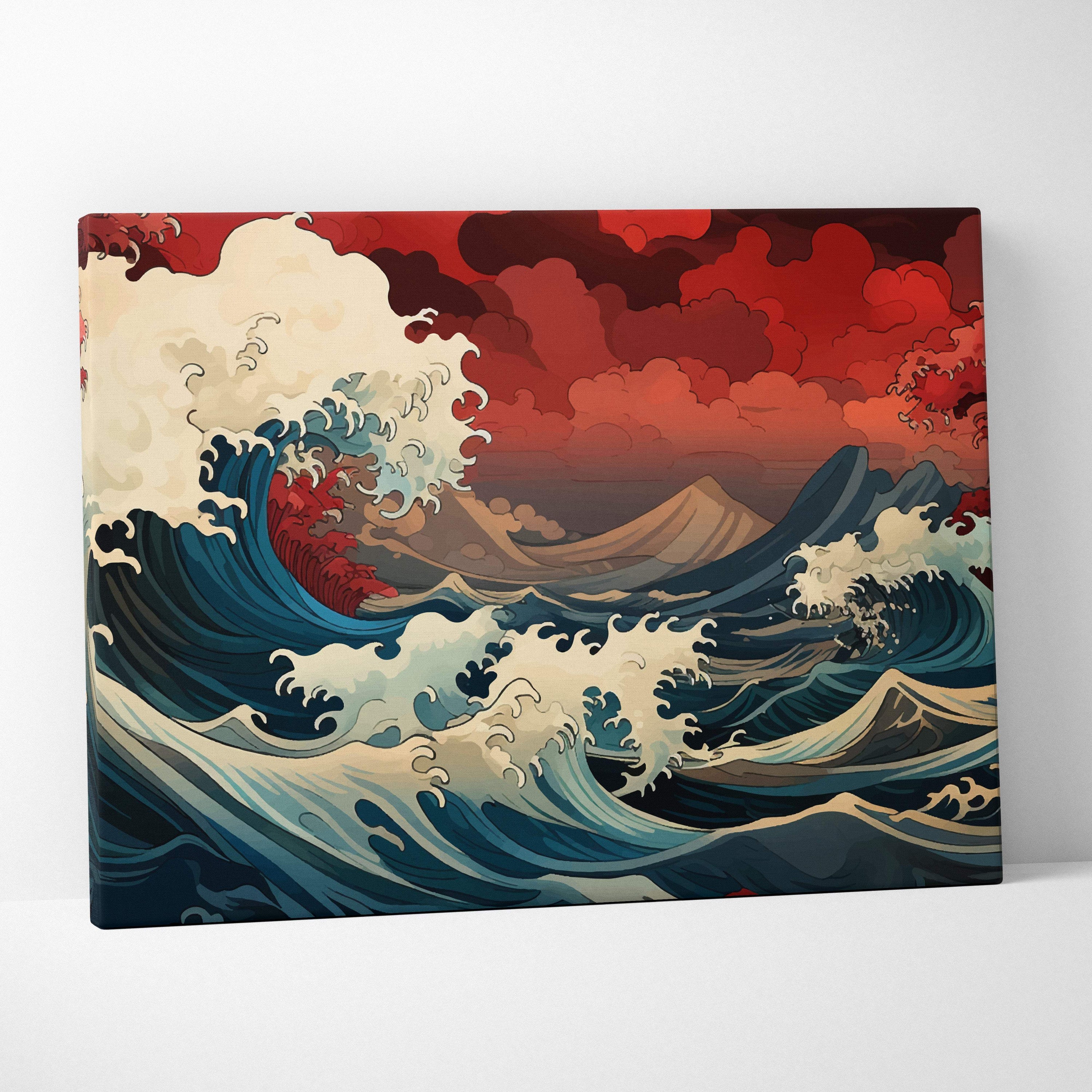 Vibrant great wave ocean canvas wall art with dark red Japanese style wave and dramatic Mount Fuji storm sky background